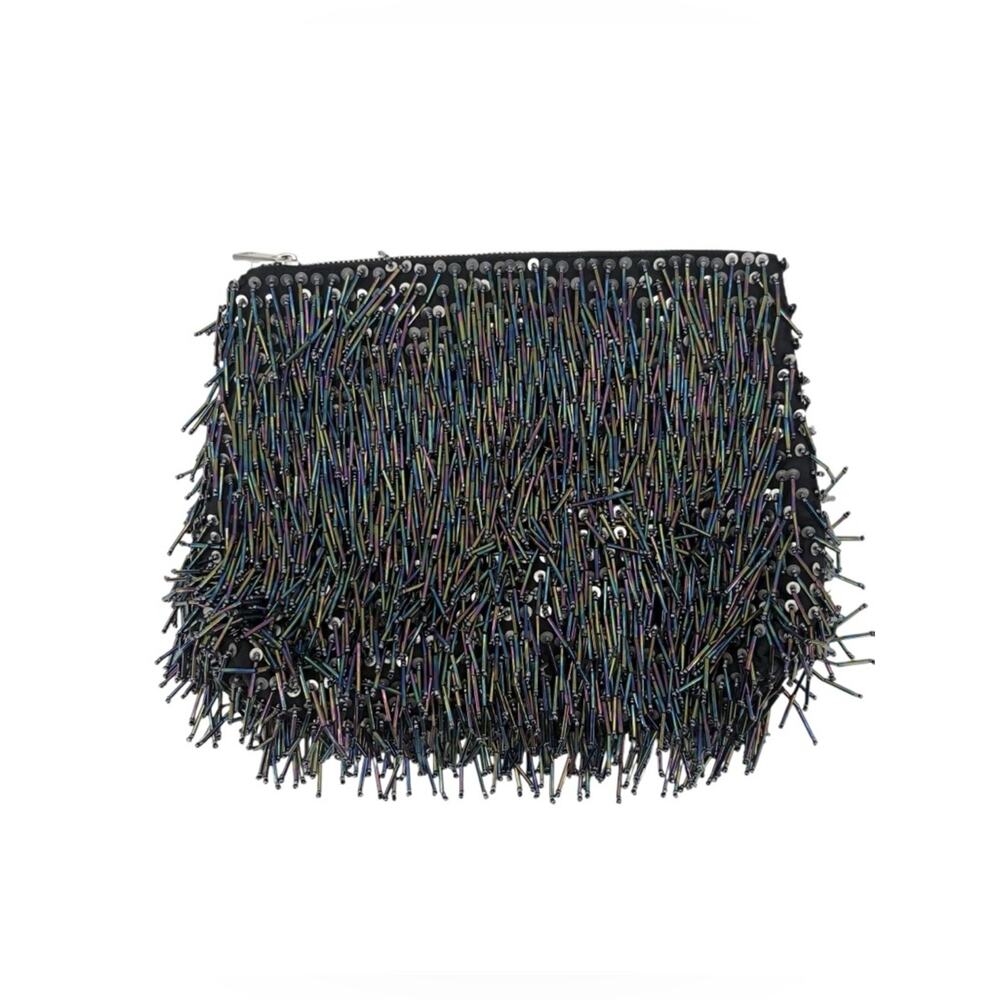 Topshop Beaded Fringe Clutch Multicolor Metallic Evening Zip Bag Chic - Picture 2 of 7